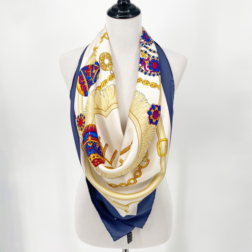 CELINE Paris 100% Silk Jewel Baroque Egg Large Square Scarf Blue Trim